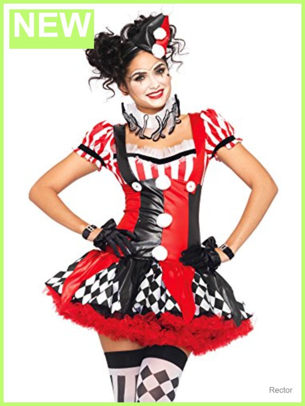 Harlequin Clown Costume Set with Dress, Hat, Neck Piece